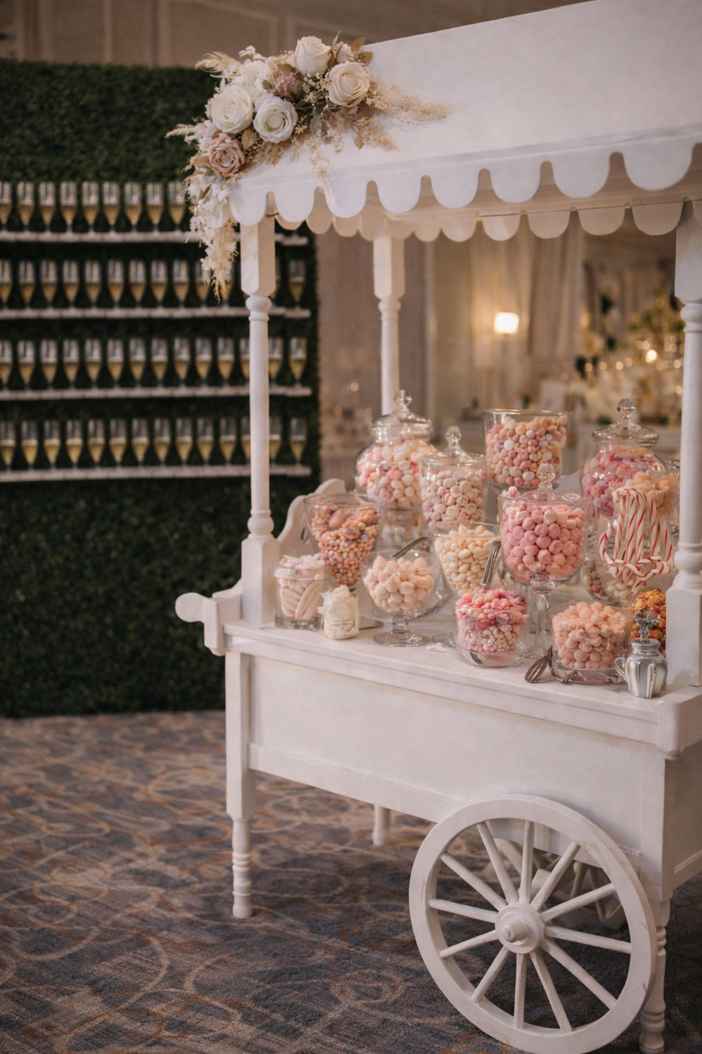 Candy cart and champagne wall